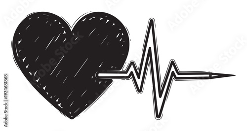 Hand drawn black heart symbol connected to a dynamic heartbeat line representing vitality and medical health awareness ideal for health campaigns and wellness promotions