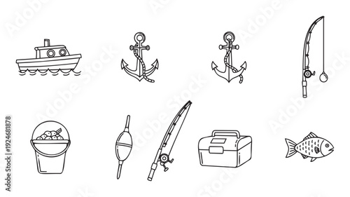 A diverse collection of linear handdrawn styled fishing and boating equipment including a boat, anchors, rods, bait bucket, float, tackle box, and a fish, suitable for outdoor adventure and