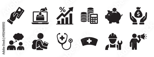 A comprehensive set of modern business, finance, education, healthcare, and social communication icons for use in websites, applications, presentations, and infographics