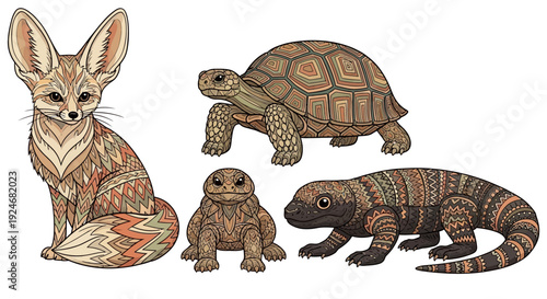 Vibrant desert animals with intricate patterns and designs