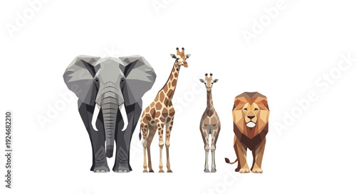 Geometric safari animals including elephant giraffe and lion