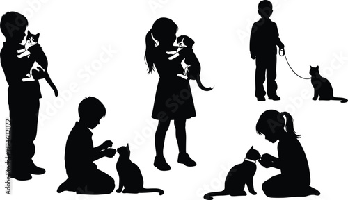 Black silhouettes of children playing with cats and dogs set, kids hugging pets, childhood friendship scenes isolated on white background, vector illustration collection