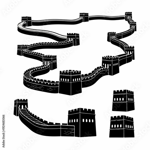 vector illustration set silhouette of the Great Wall of China on a white background