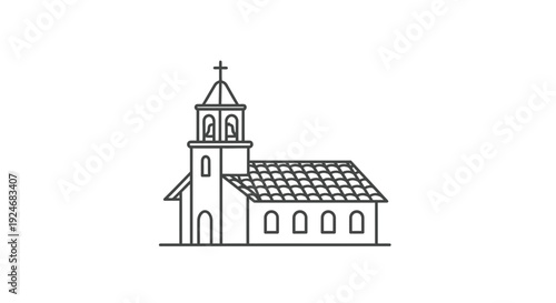 Minimalist Line Art Icon of a Church Building with Bell Tower and Cross