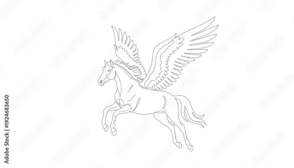 Obraz premium Majestic Pegasus Horse with Wings Flying in Sky - Mythical Creature Line Art