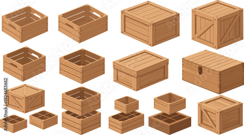 Wooden Crate and Cargo Box Collection with Open Storage Containers and Closed Shipping Cases for Warehouse Packaging Vector Design.