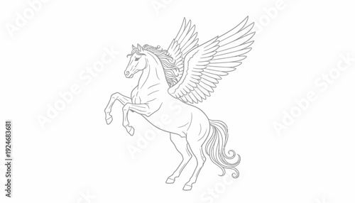 Majestic Pegasus Horse with Wings, Mythical Creature, Line Art Illustration