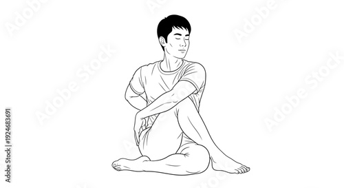 Man in yoga pose, seated spinal twist, stretching, mindfulness, healthy lifestyle