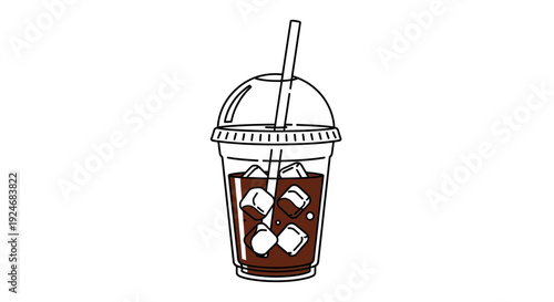 Iced Coffee Drink in Clear Plastic Cup with Straw and Ice Cubes, Refreshing Cold Beverage