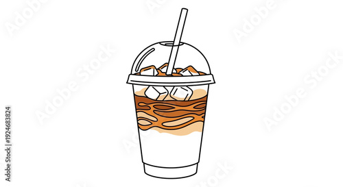 Iced Coffee Drink with Caramel Swirls in a Clear Plastic Cup with Lid and Straw