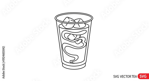 Iced Coffee Drink with Ice Cubes in Clear Plastic Cup, Line Art Icon