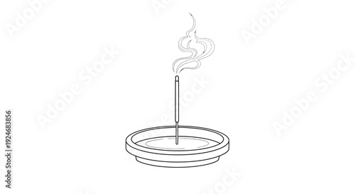 Incense Stick Burning with Smoke Wisps in a Simple Dish, Minimalist Line Art