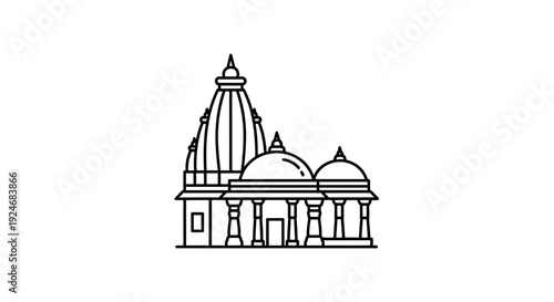 Indian Temple Architecture Icon: Hindu Shrine Building with Pillars and Dome