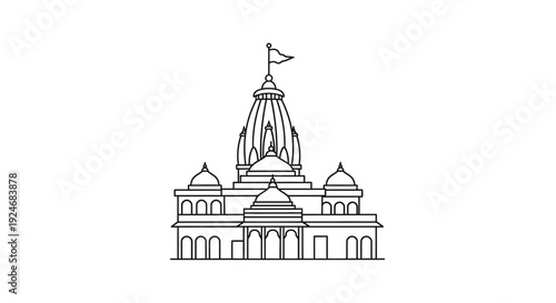 Indian Temple Architecture Line Art Icon, Hindu Religious Building Vector Illustration