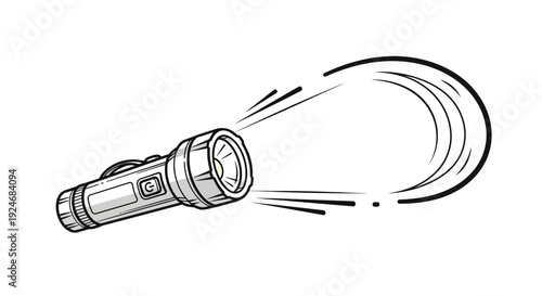 Handheld flashlight emitting a bright beam of light, isolated on white background, illustration