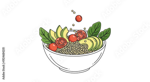 Healthy Quinoa Bowl with Avocado, Tomatoes, and Greens - Line Art Illustration