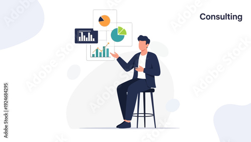 Business consultant analyzing charts and graphs, explaining data for strategic planning.