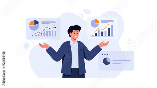 Business Man Analyzing Financial Charts and Graphs, Data Visualization