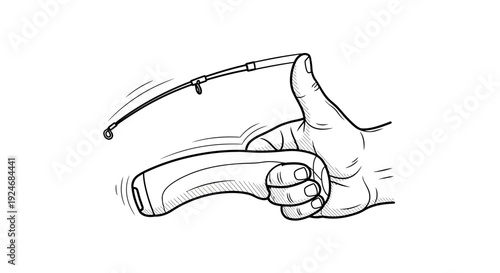 Hand holding fishing rod, preparing to cast, close-up, black and white sketch