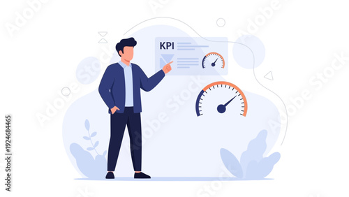 Business man pointing at KPI dashboard with performance gauges