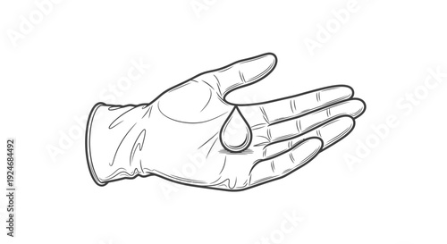 Hand wearing glove holding water drop, hygiene and care concept illustration