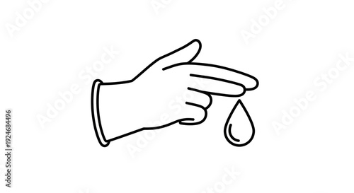 Hand wearing glove with drop of liquid, concept of medical care, hygiene, or science