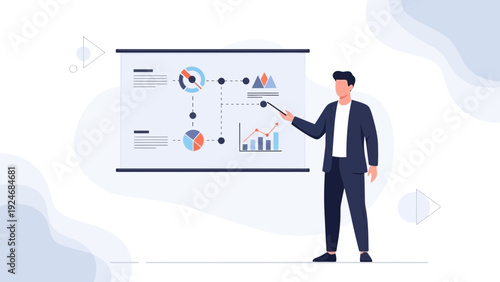 Business Man Presenting Data Analytics and Strategy on Whiteboard