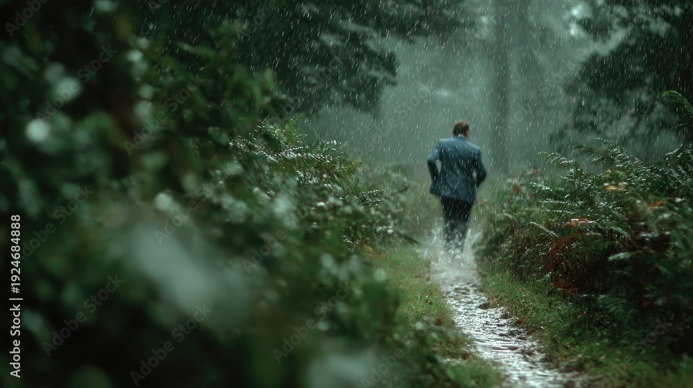 Obraz premium Man in Suit Running Through Rainy Forest Path: Businessman Embracing Nature's Challenges