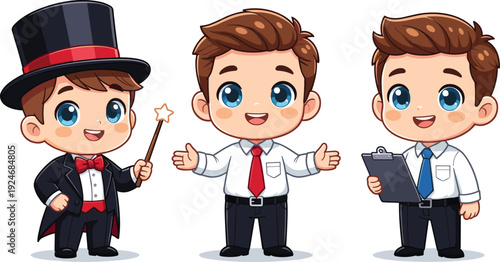 Cartoon boy character illustration, magician business attire roles versatile design vector artwork, lifestyle and education theme, isolated background