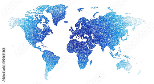 Globe depicting the world map with a speckled blue gradient effect on a white background, symbolizing global connection