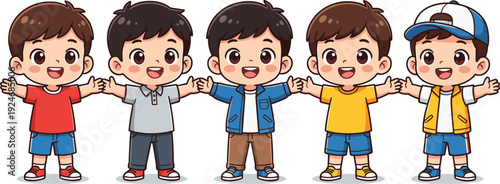 Cartoon boys illustration, friendship unity children cheerful character design educational lifestyle vector artwork, family and school theme, isolated background
