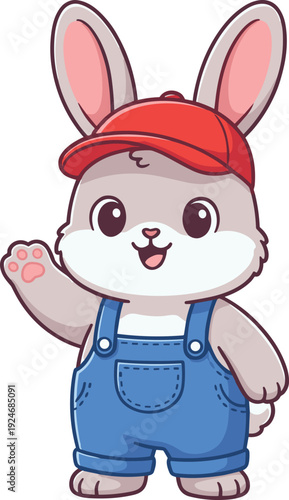 Cartoon bunny illustration, cute rabbit character waving denim overalls red cap cheerful design, vector artwork, lifestyle and education theme, isolated background