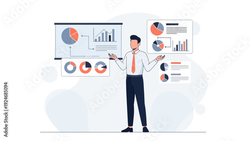 Business man presenting financial charts and graphs on whiteboard