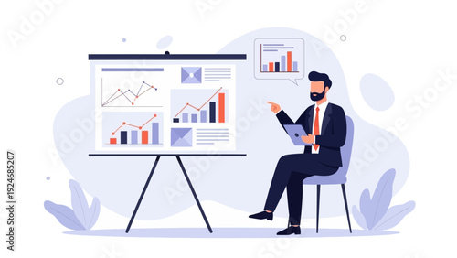 Business man presenting financial data charts on a whiteboard during a meeting