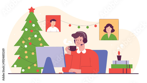 A man wearing a black headset sits at a computer desk while holding a mug in a room decorated with a Christmas tree and portraits.