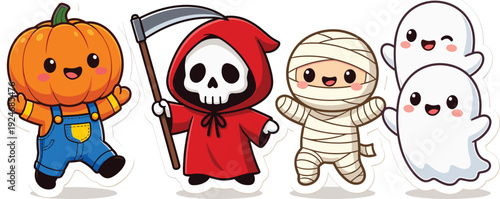 Halloween cartoon illustration, pumpkin skeleton mummy ghost festive cheerful character design playful vector artwork, seasonal and family theme, isolated background