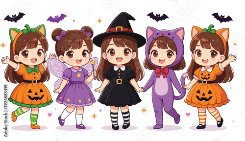 Halloween costume cartoon illustration, children festive pumpkin witch fairy cat cheerful character design, vector artwork, seasonal and family theme, isolated background