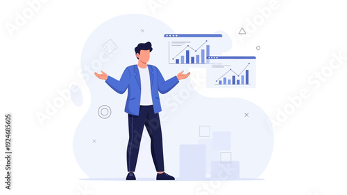 Business man with charts and graphs, financial analysis and data visualization concept