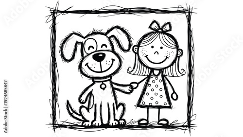 A cartoon girl and her dog stand together smiling in a simple black and white illustration with a hand-drawn border, conveying a friendly and innocent mood