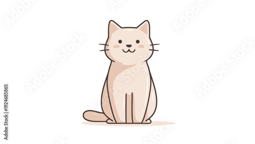 Delightful flat design illustration of a friendly cartoon cat sitting front view, exuding warmth and charm with its clean lines and simple, endearing expression
