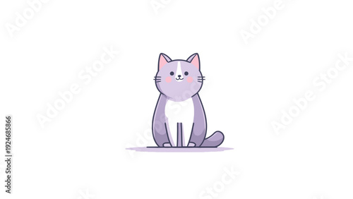 Charming flat design vector illustration of an adorable cartoon cat with soft purple and white fur, sitting calmly and looking forward, ideal for playful pet-themed graphics