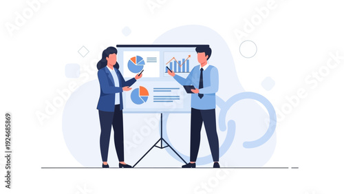 Business meeting with charts and graphs on presentation board