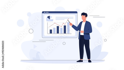 Business presentation with analytics chart and rising graph, man pointing.