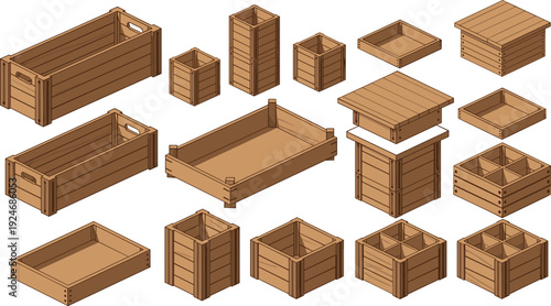 Wooden Crate Tray and Storage Box Collection with Compartment Organizer Designs for Warehouse, Packaging, and Market Display Vector Illustration.