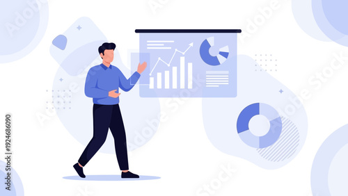 Business presentation, man explaining charts on screen, financial data analysis