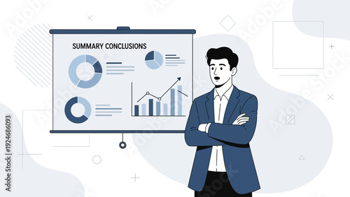 Business presentation with charts and surprised businessman in suit