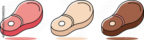 Cartoon steak meat vector illustration set with different doneness colors isolated on background for food menu design restaurant branding and cooking concepts