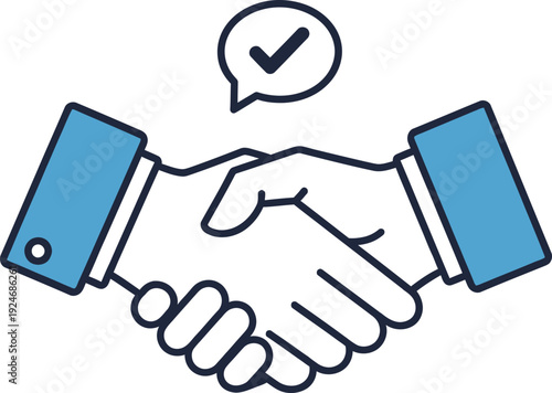 Two business hands firmly shaking together above a speech bubble with a confirmation checkmark signifies agreement.