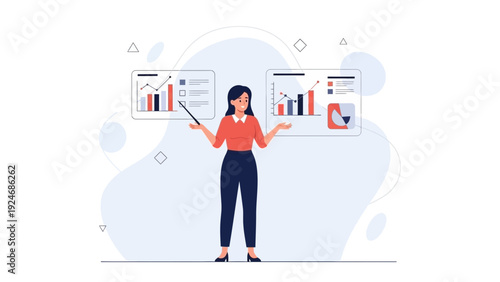 Business woman presenting financial charts and graphs on screens