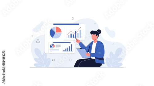 Business woman presenting financial charts and graphs on a whiteboard